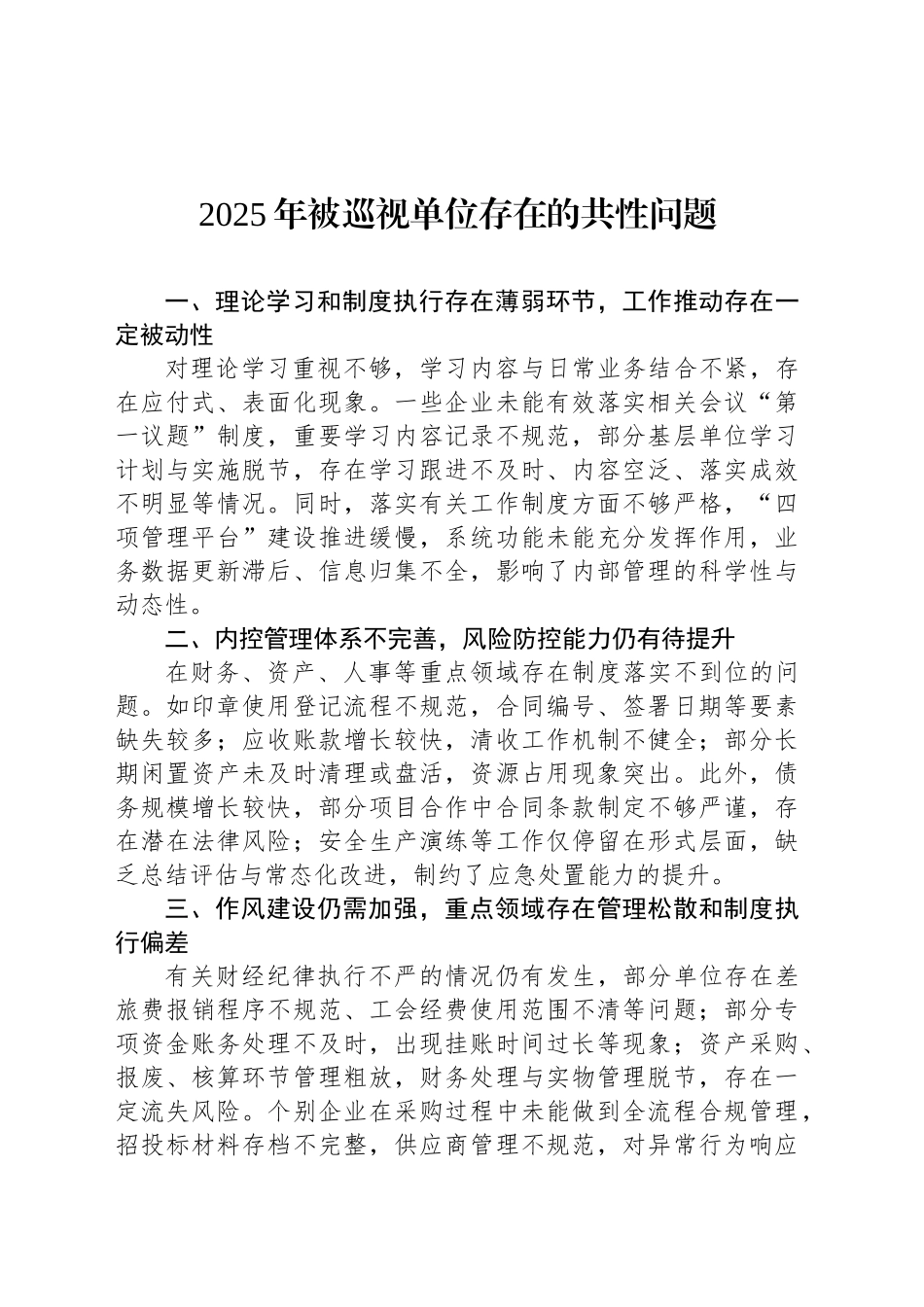 2025年被巡视单位存在的共性问题_第1页