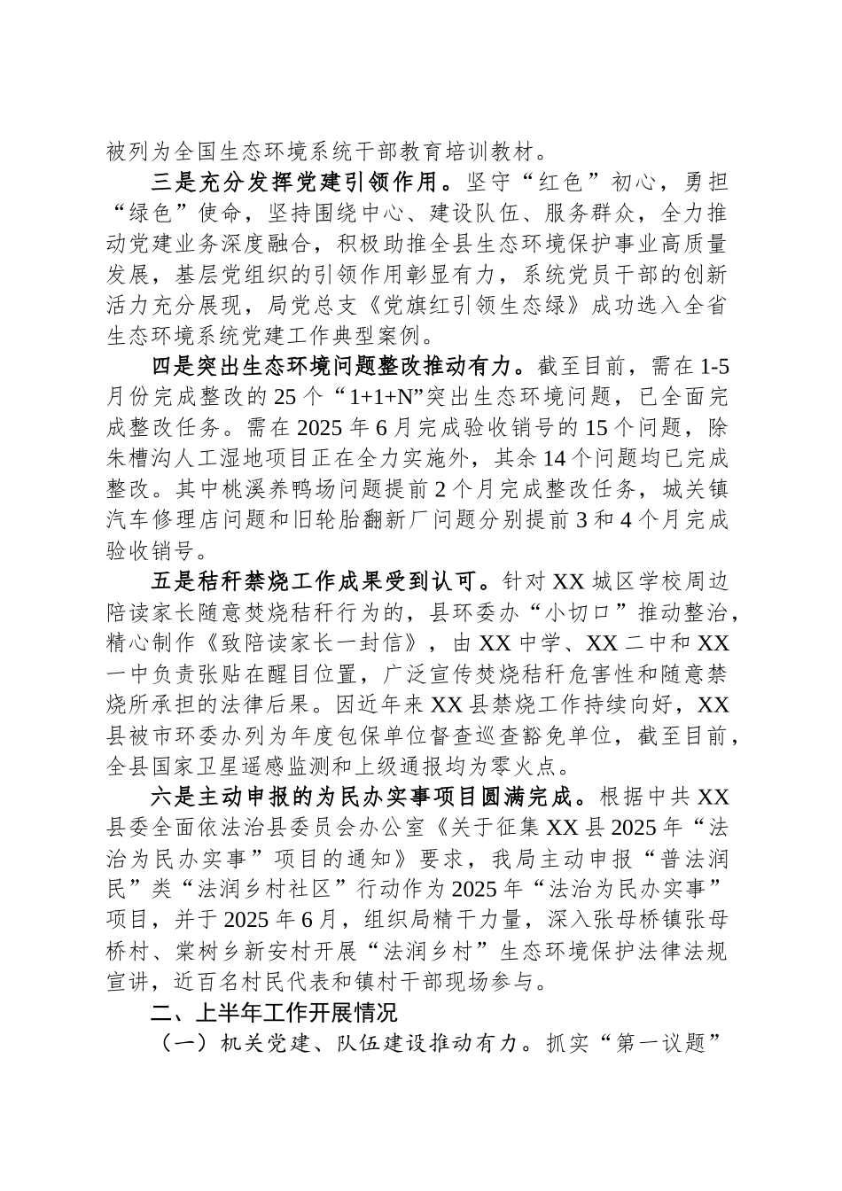 XX市XX县生态环境分局2025年上半年重点工作落实情况_第2页