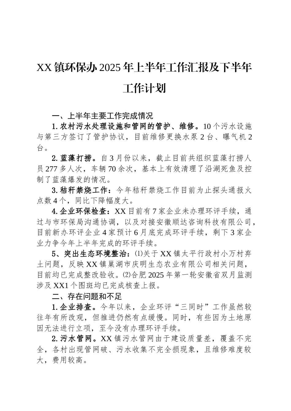 XX镇环保办2025年上半年工作汇报及下半年工作计划_第1页