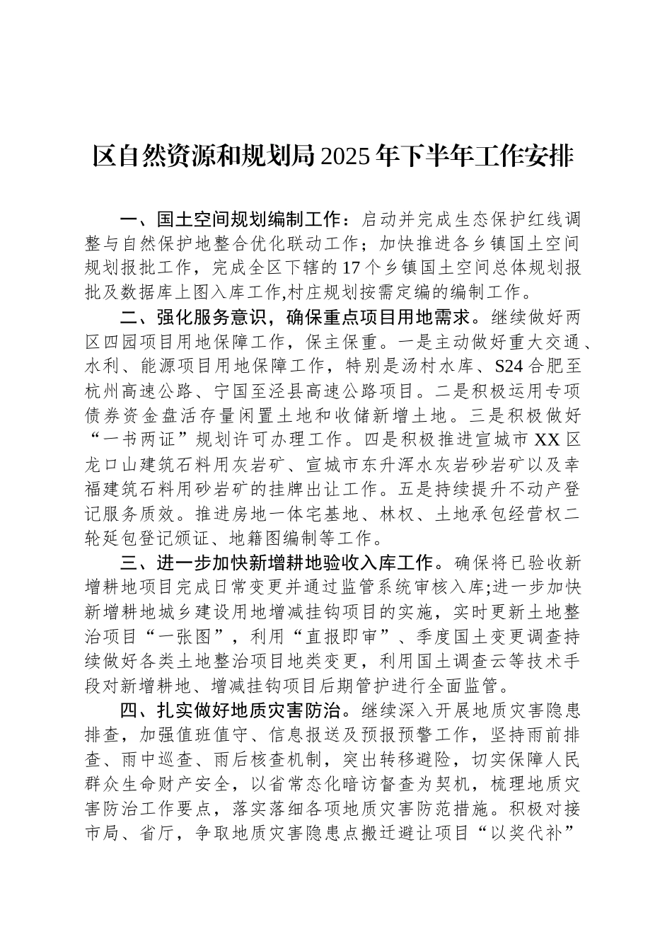 区自然资源和规划局2025年下半年工作安排_第1页