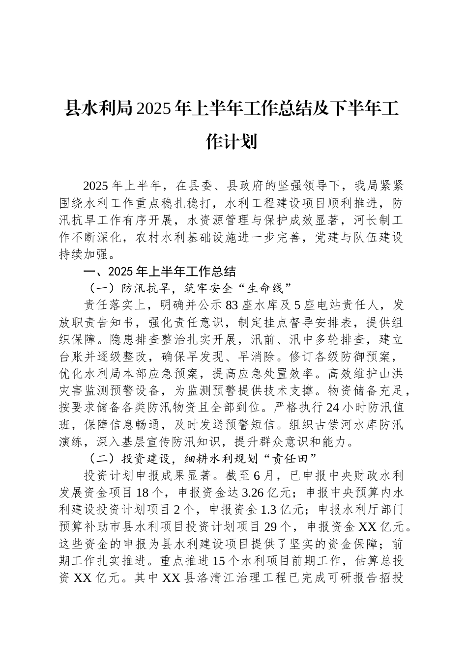 县水利局2025年上半年工作总结及下半年工作计划_第1页