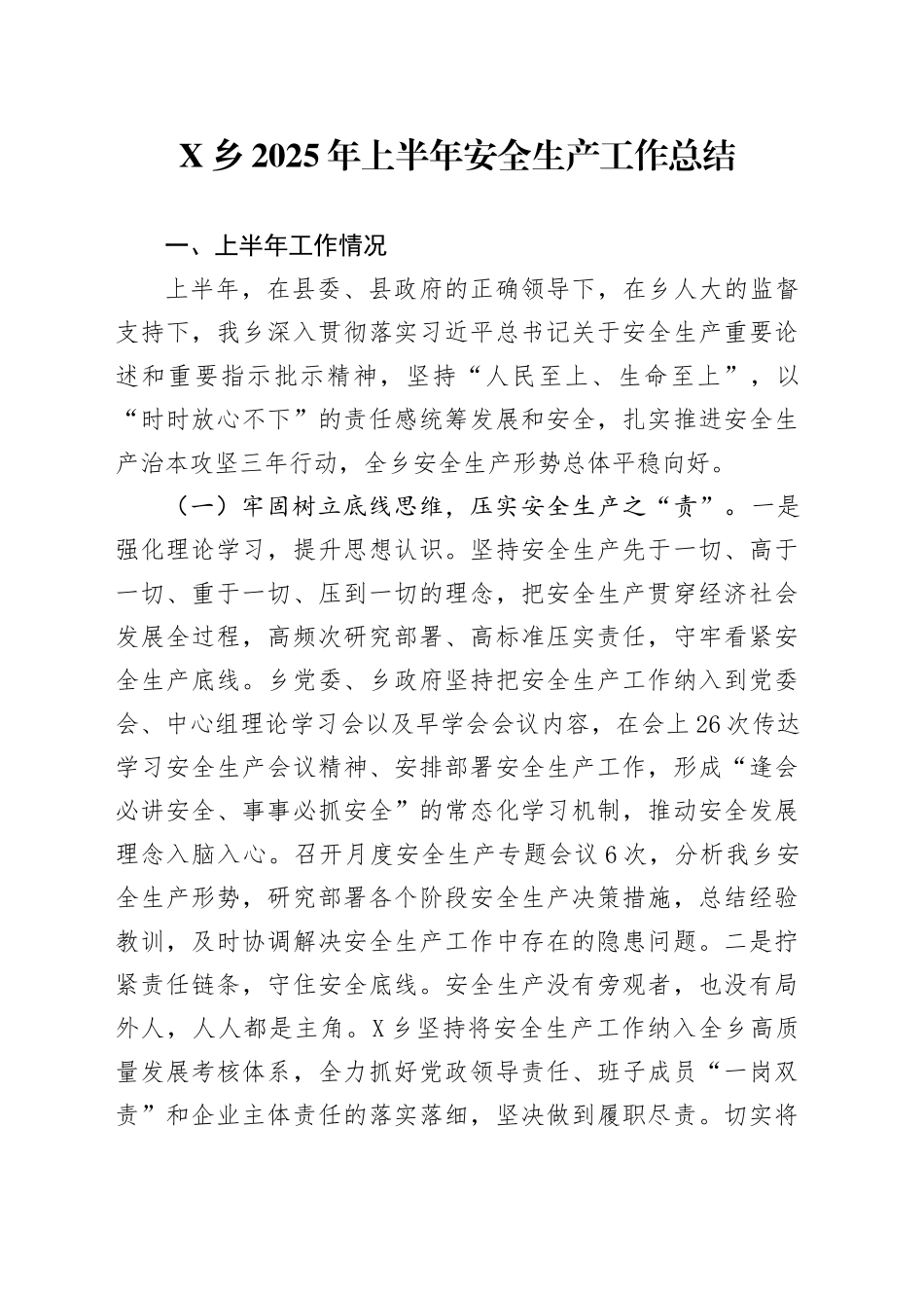 X乡2025年上半年安全生产工作总结_第1页