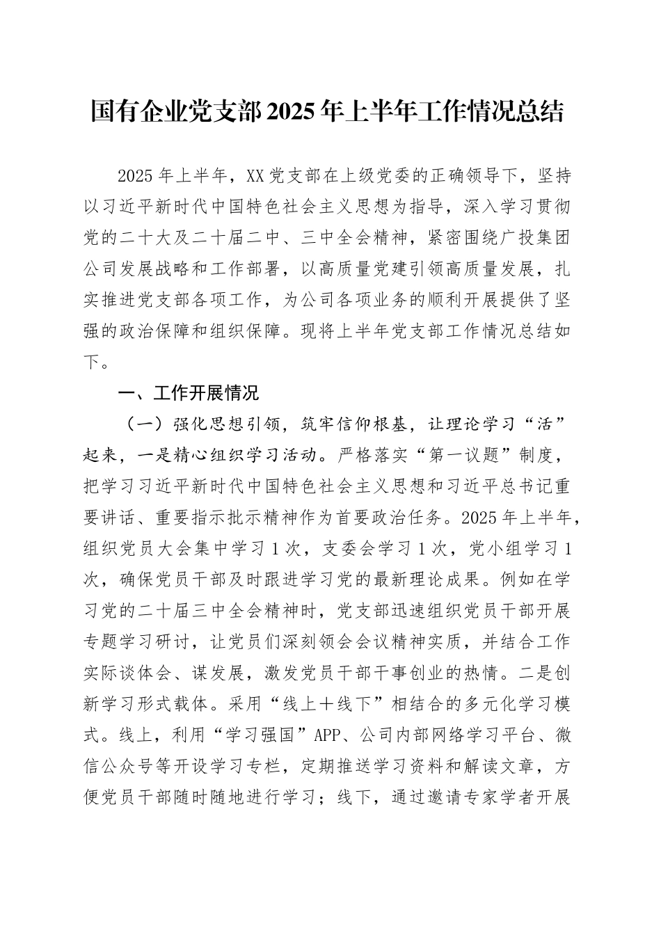 国有企业党支部2025年上半年工作情况总结_第1页