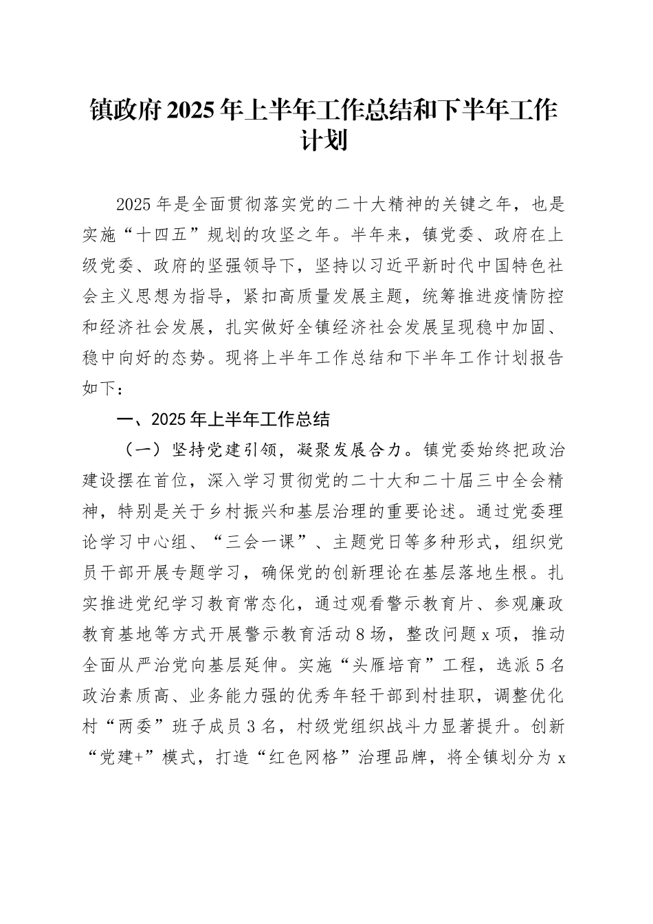 镇政府2025年上半年工作总结和下半年工作计划_第1页