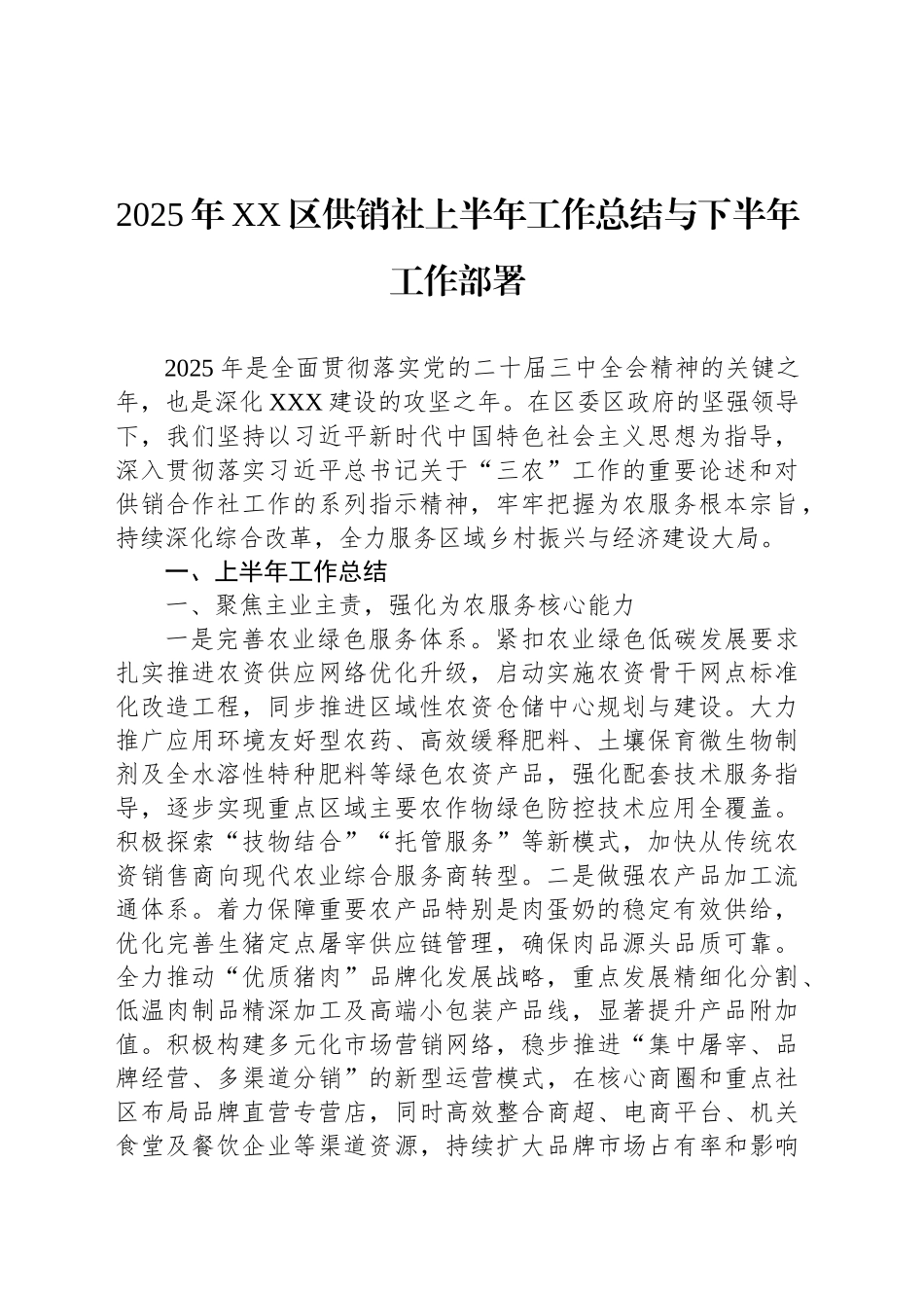 2025年XX区供销社上半年工作总结与下半年工作部署_第1页