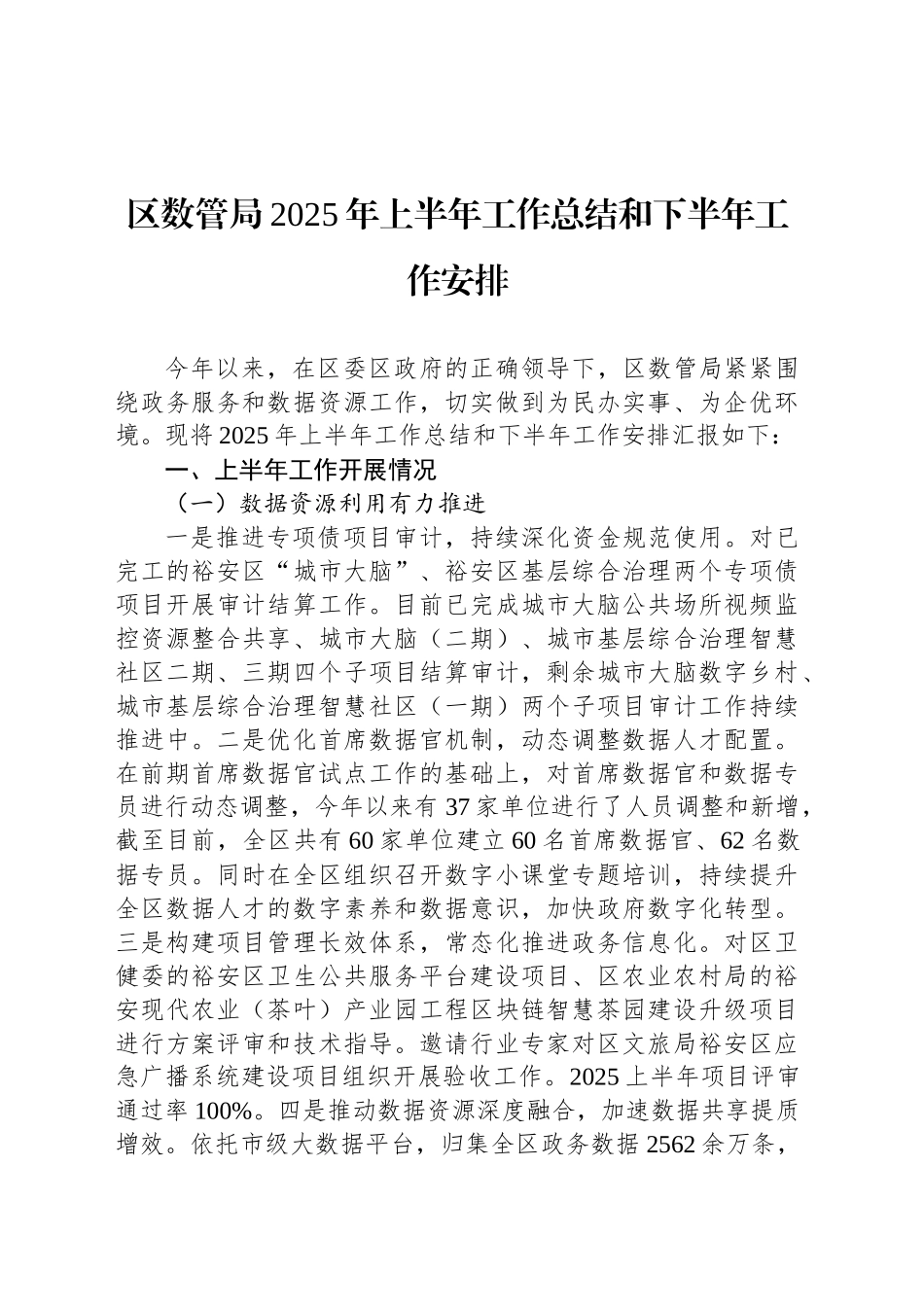 区数管局2025年上半年工作总结和下半年工作安排_第1页