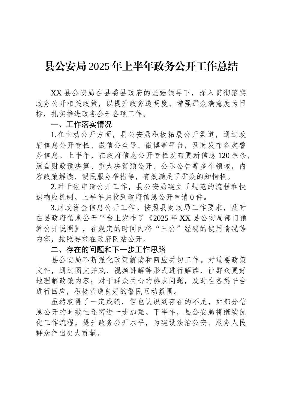 县公安局2025年上半年政务公开工作总结_第1页
