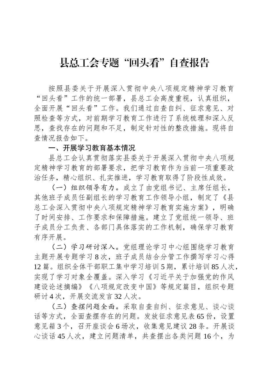 县总工会专题“回头看”自查报告_第1页