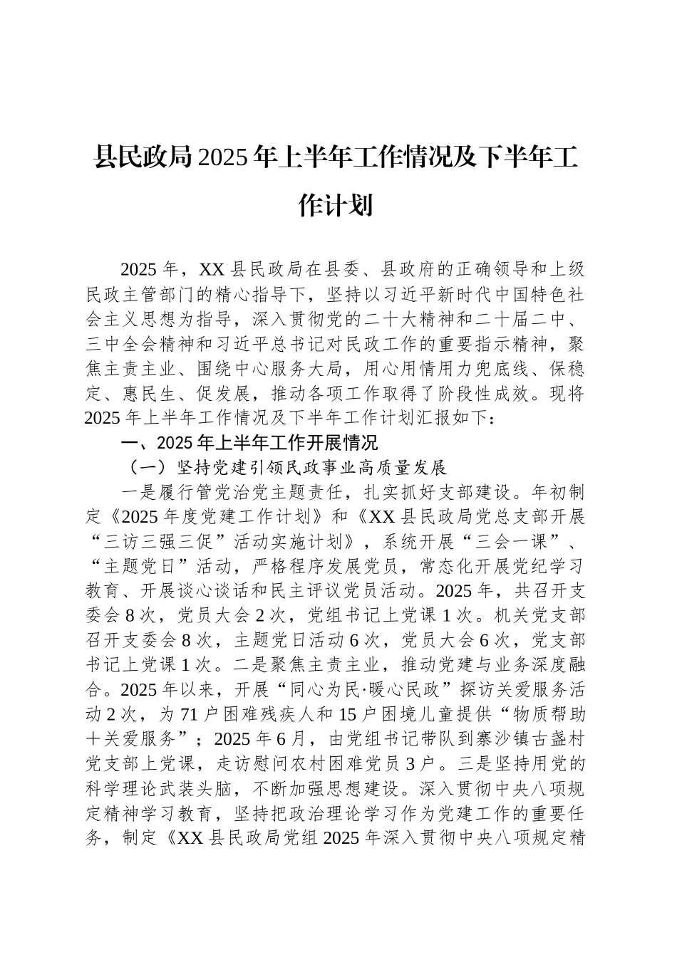 县民政局2025年上半年工作情况及下半年工作计划_第1页