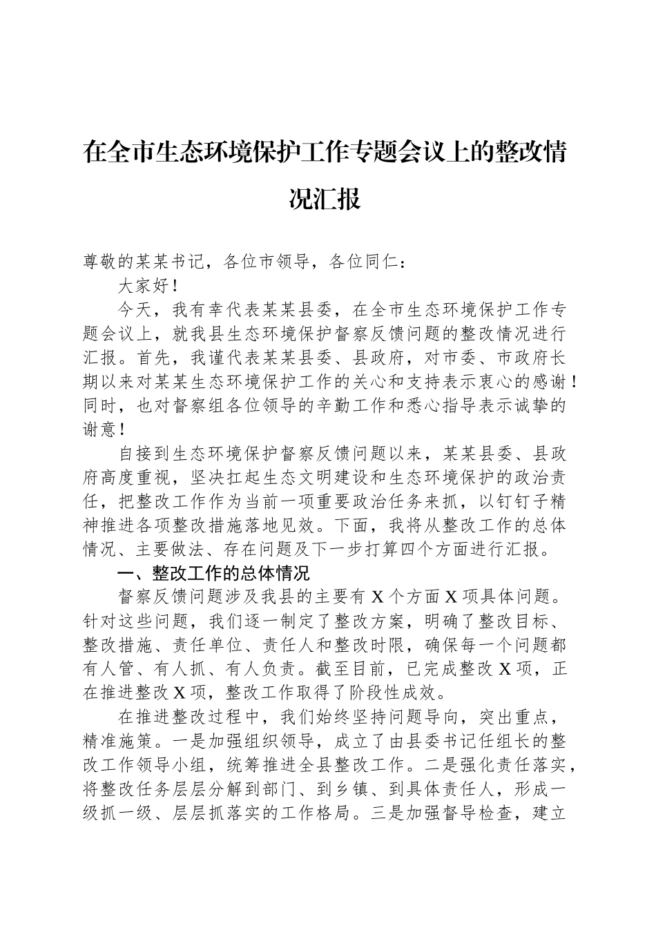 在全市生态环境保护工作专题会议上的整改情况汇报_第1页