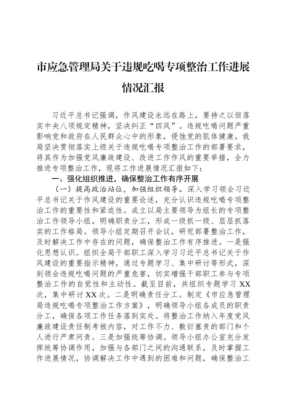市应急管理局关于违规吃喝专项整治工作进展情况汇报_第1页