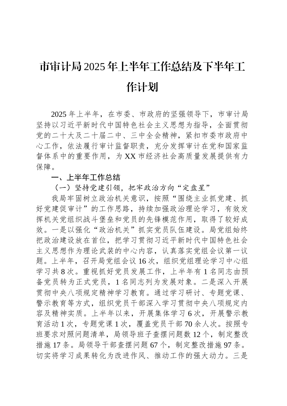 市审计局2025年上半年工作总结及下半年工作计划_第1页