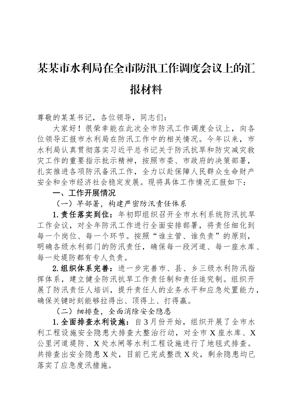 某某市水利局在全市防汛工作调度会议上的汇报材料_第1页