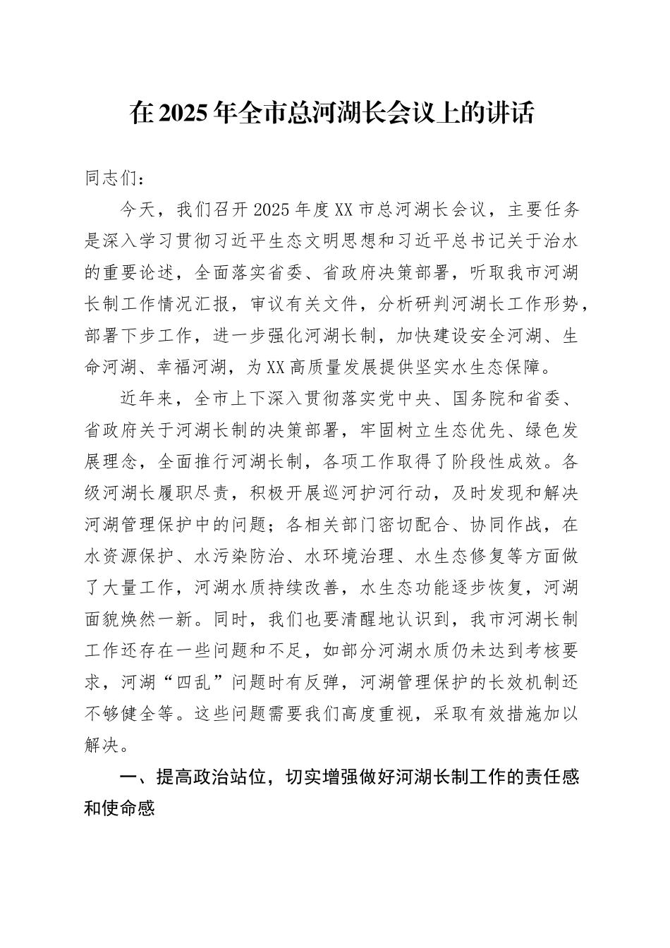 在2025年全市总河湖长会议上的讲话_第1页