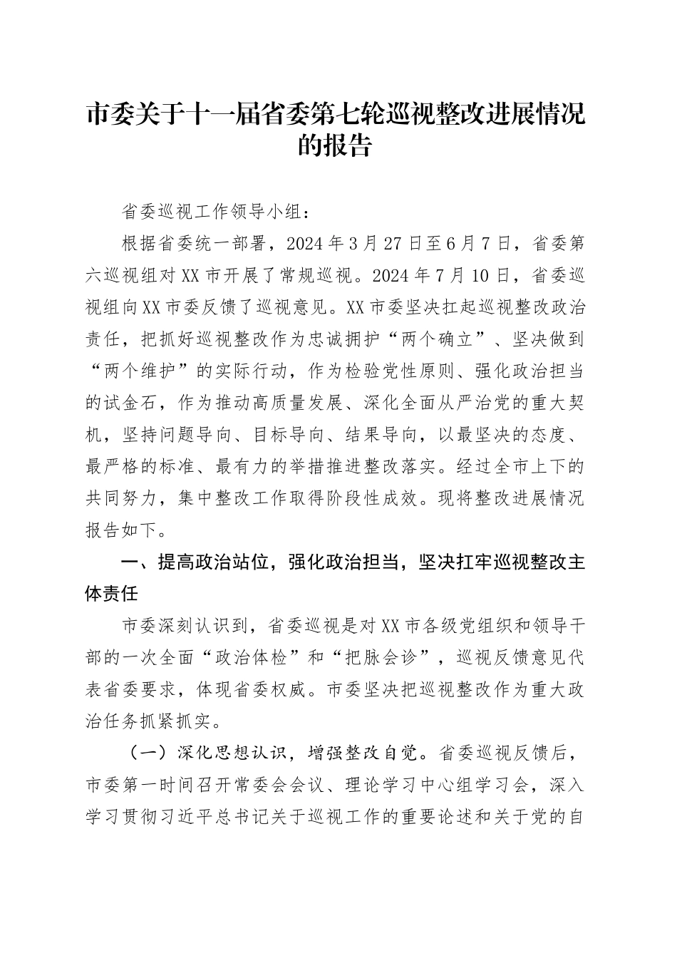 市委关于十一届省委第七轮巡视整改进展情况的报告_第1页