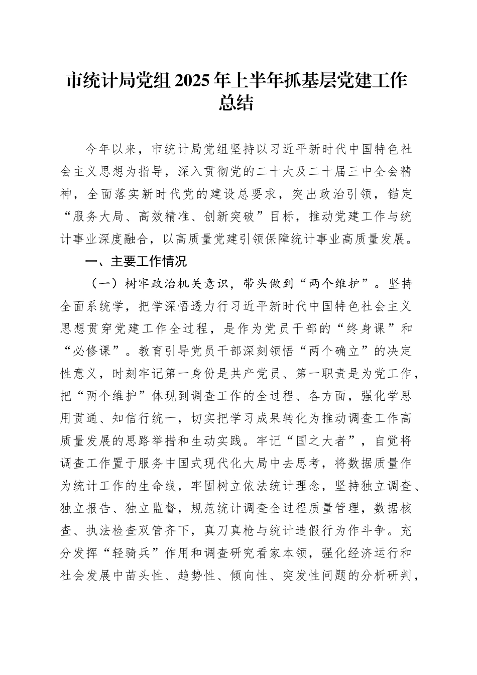市统计局党组2025年上半年抓基层党建工作总结_第1页