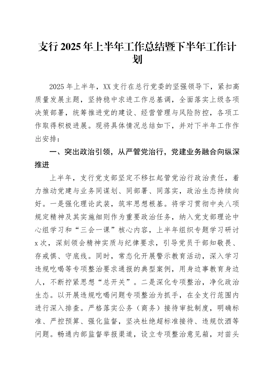 支行2025年上半年工作总结暨下半年工作计划_第1页
