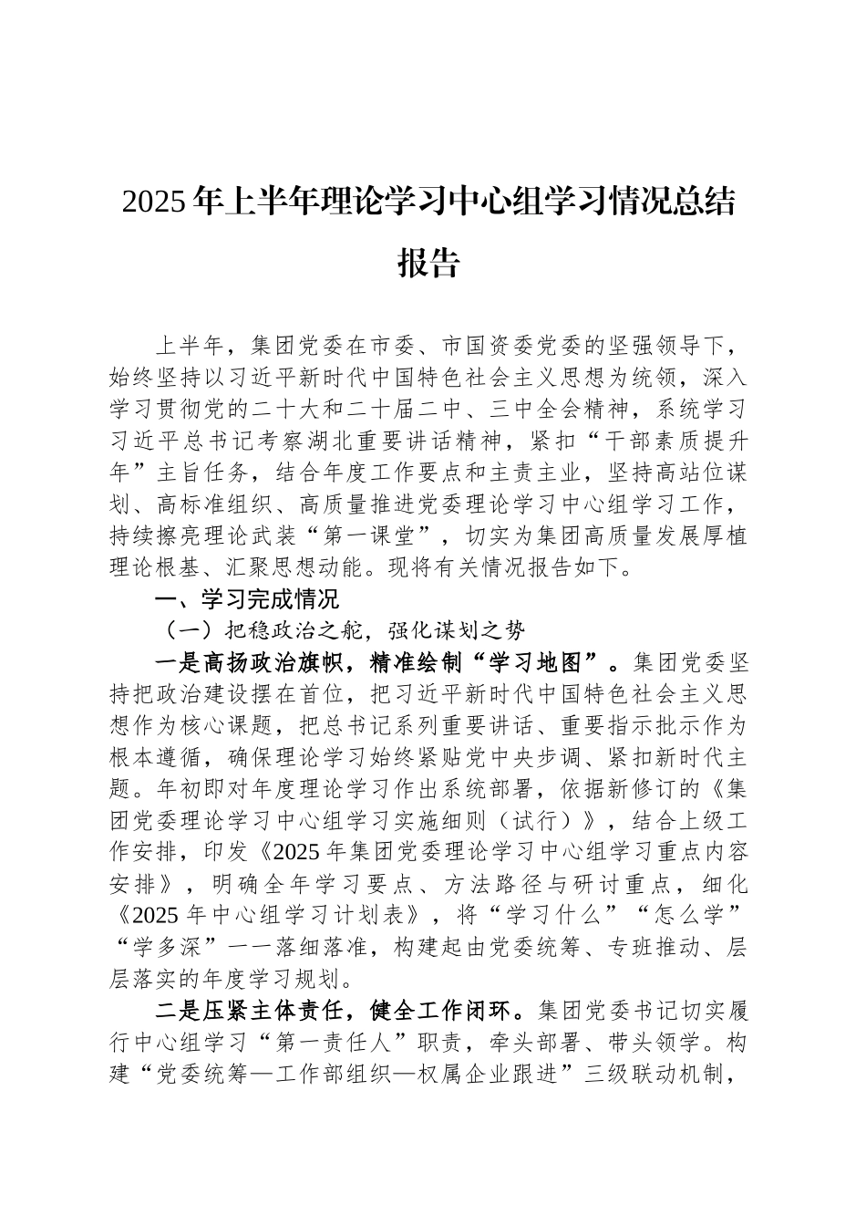2025年上半年理论学习中心组学习情况总结报告_第1页