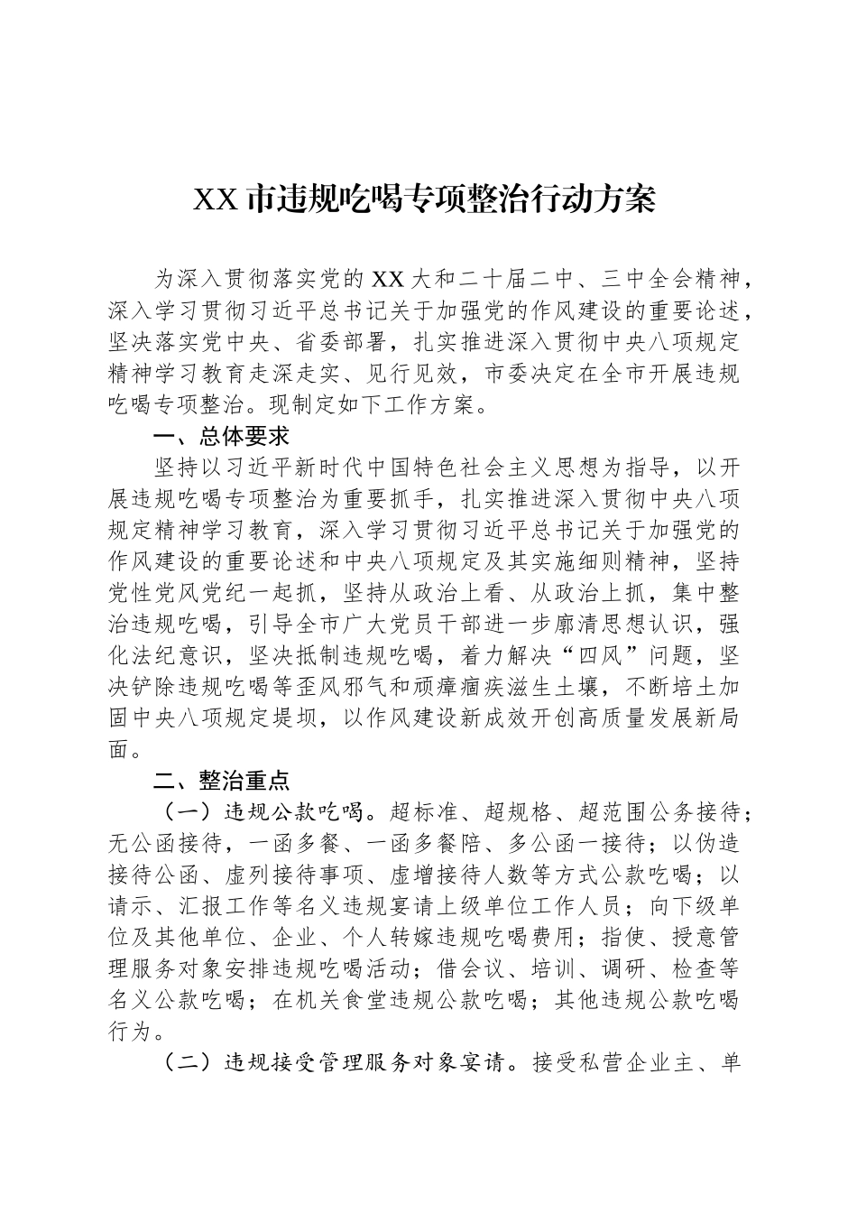 XX市违规吃喝专项整治行动方案_第1页