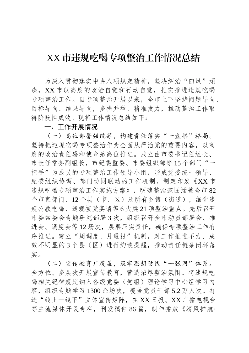 XX市违规吃喝专项整治工作情况总结_第1页
