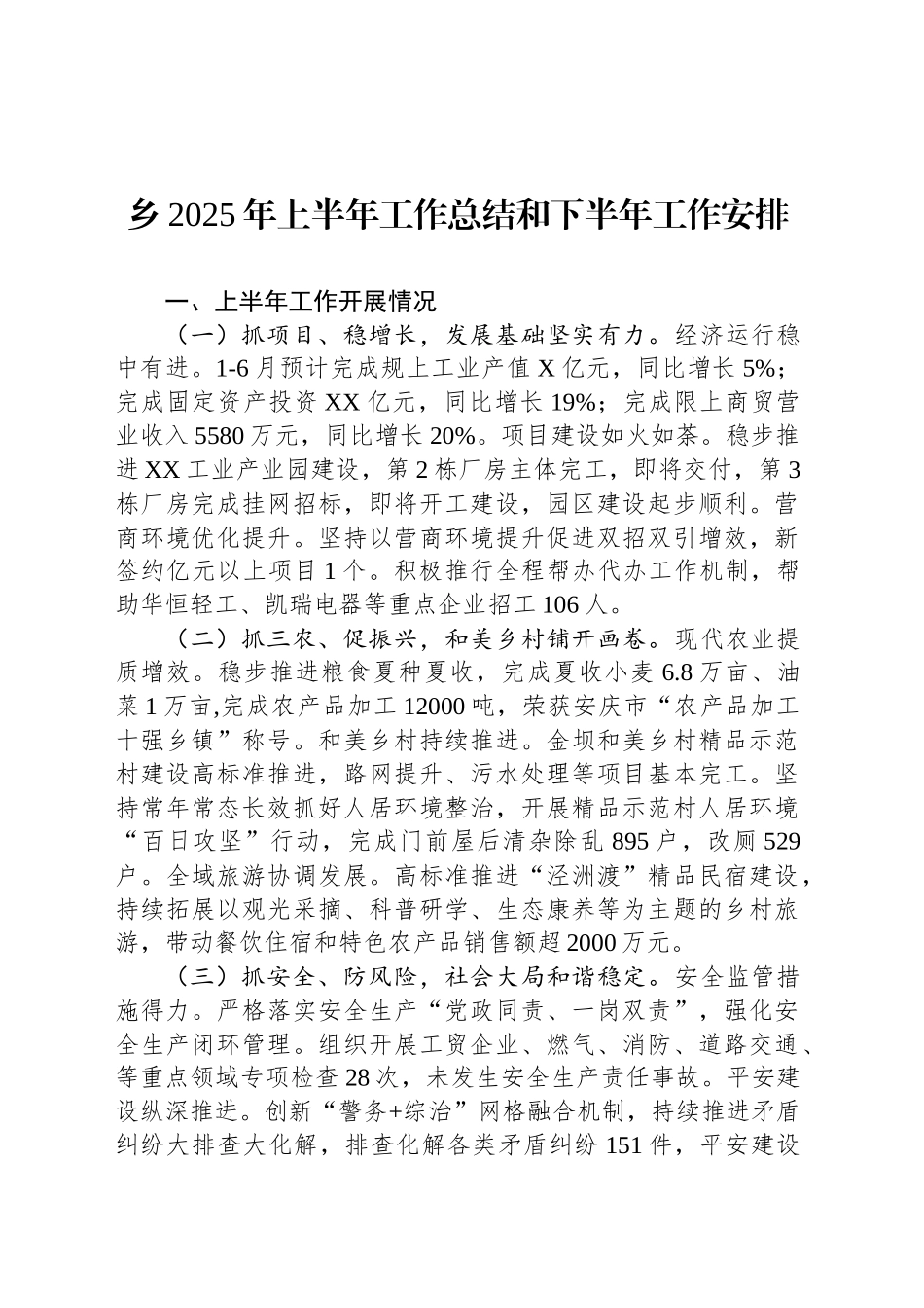乡2025年上半年工作总结和下半年工作安排_第1页