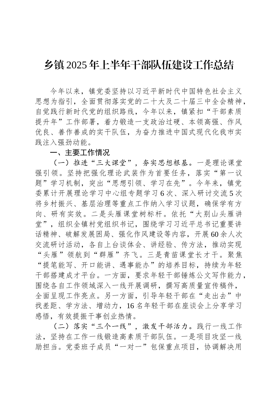 乡镇街道2025年上半年干部队伍建设工作总结_第1页