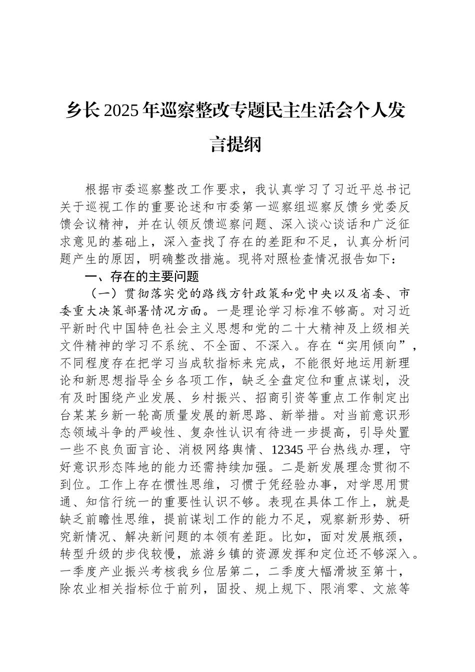 乡长2025年巡察整改专题民主生活会个人发言提纲_第1页