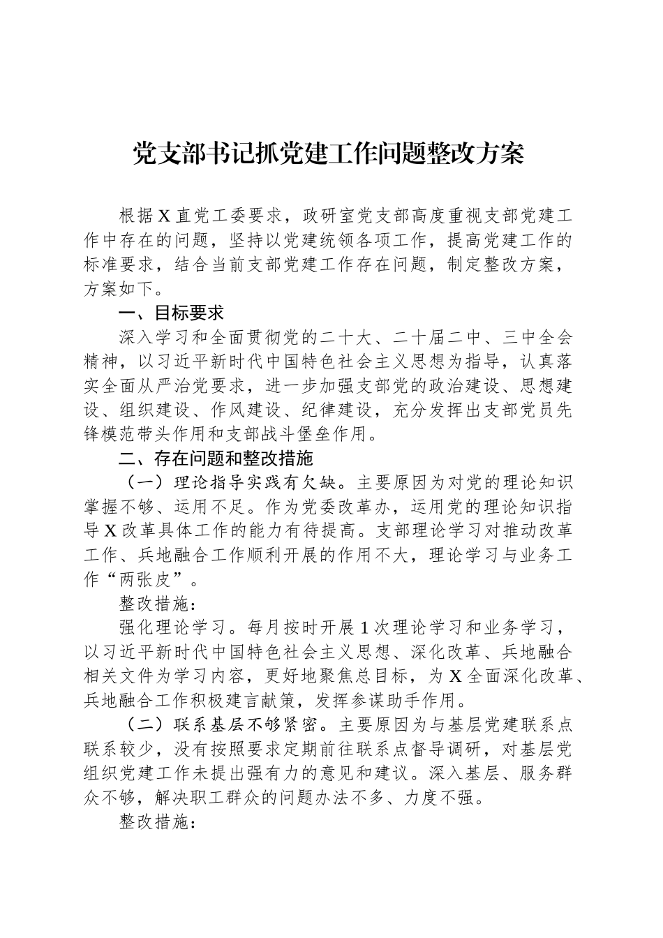 党支部书记抓党建工作问题整改方案_第1页