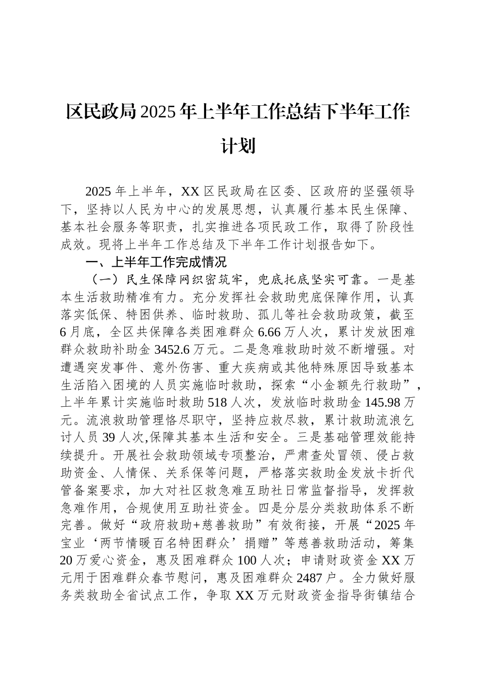 区民政局2025年上半年工作总结下半年工作计划_第1页