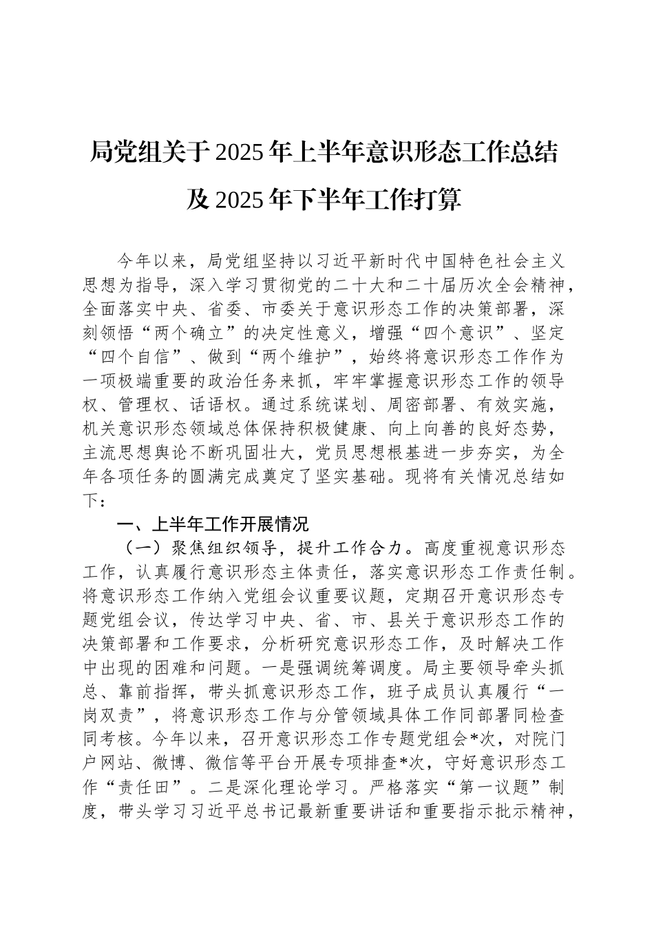 局党组关于2025年上半年意识形态工作总结及2025年下半年工作打算_第1页