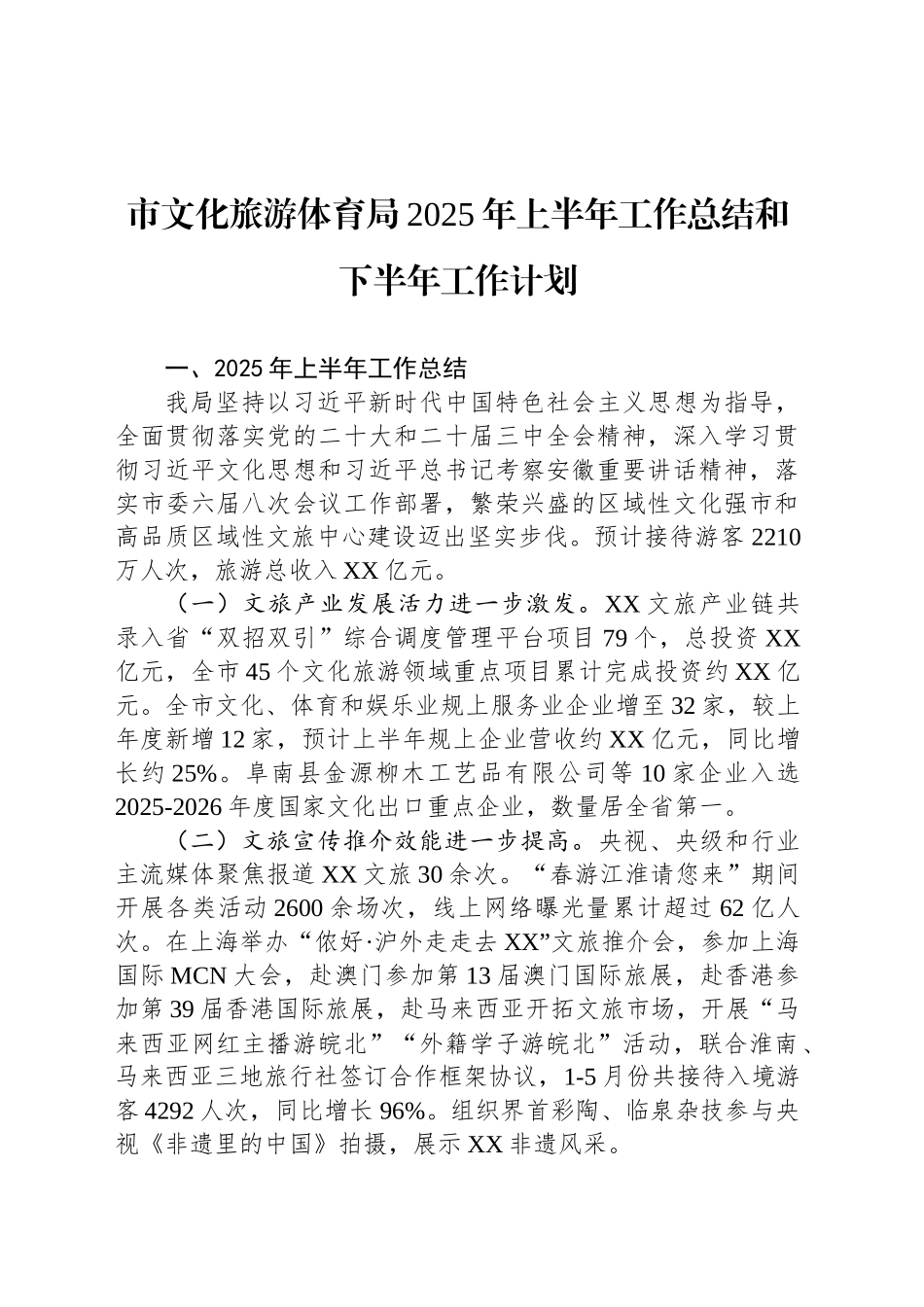 市文化旅游体育局2025年上半年工作总结和下半年工作计划_第1页
