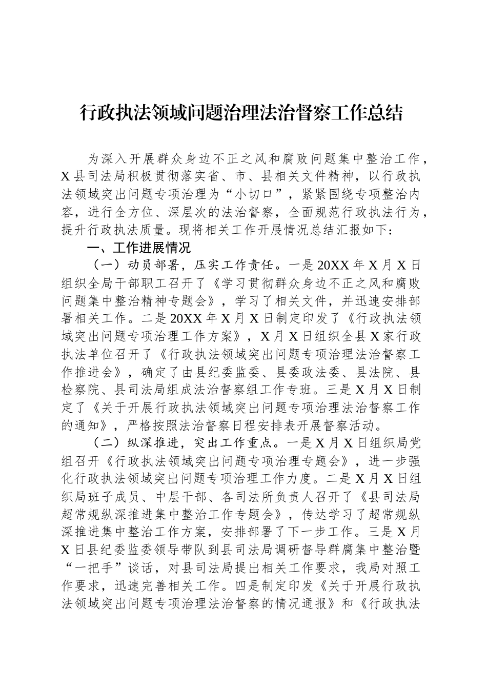 行政执法领域问题治理法治督察工作总结_第1页
