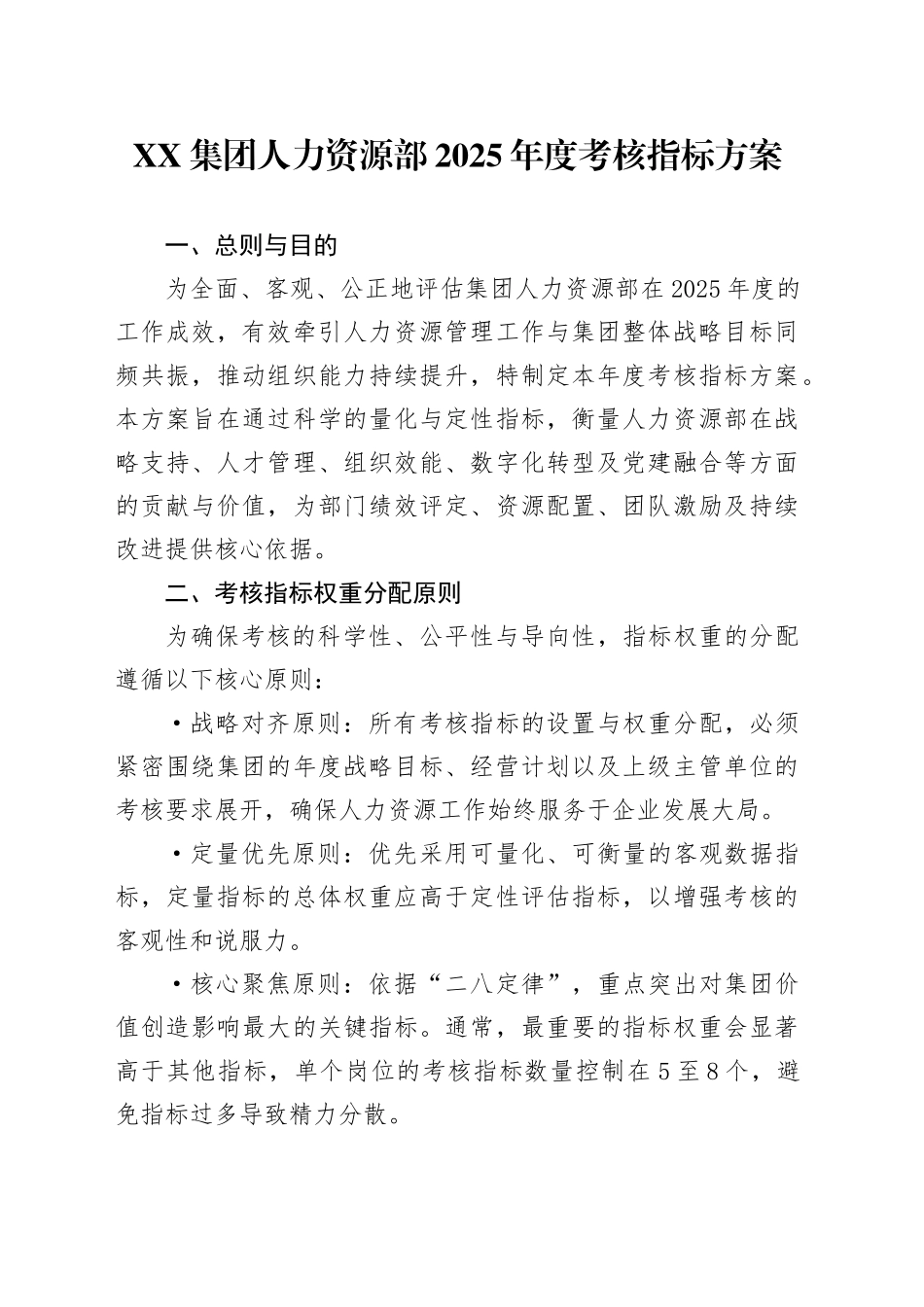 XX集团人力资源部2025年度考核指标方案_第1页