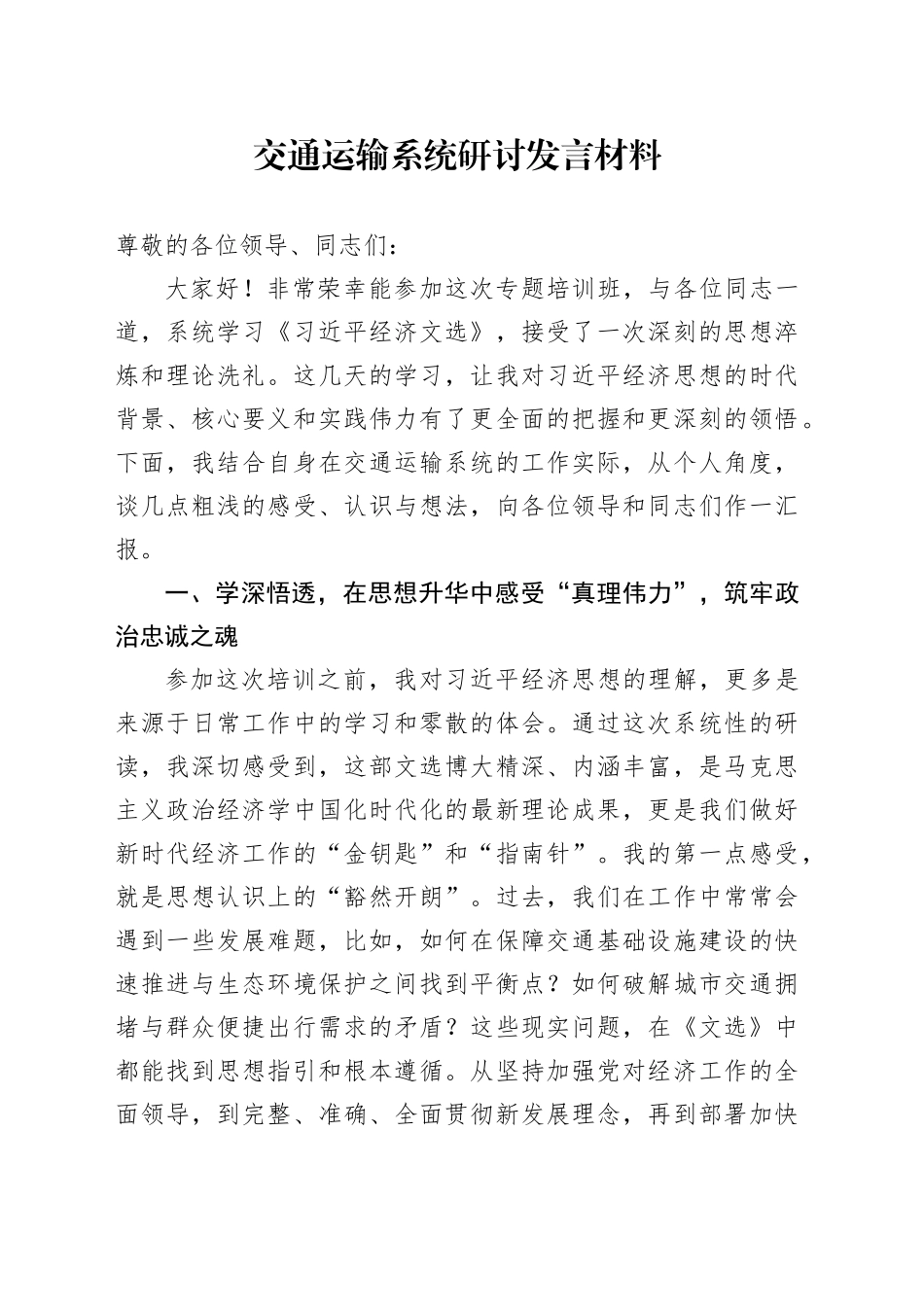 交通运输系统研讨发言材料_第1页