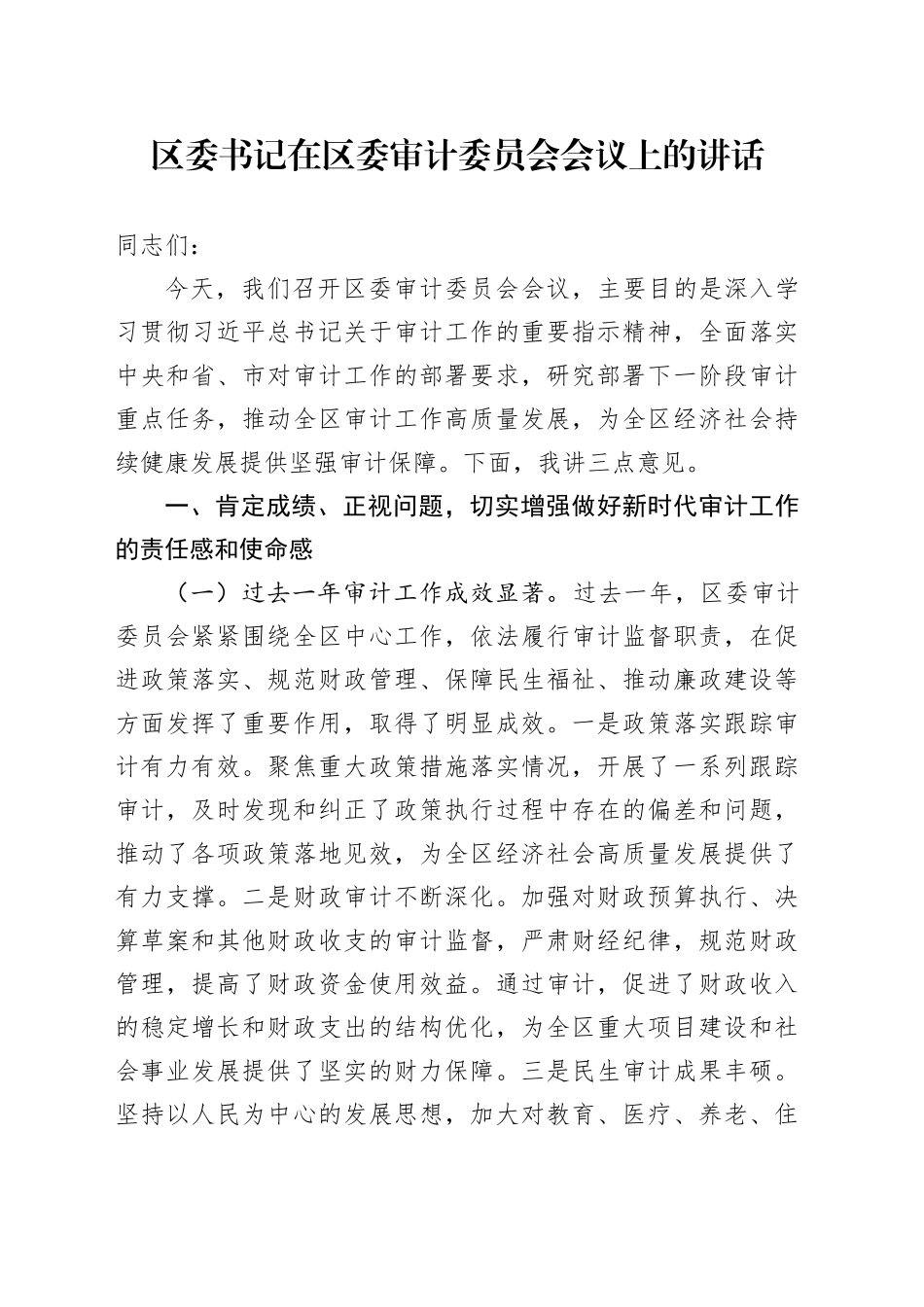 区委书记在区委审计委员会会议上的讲话_第1页