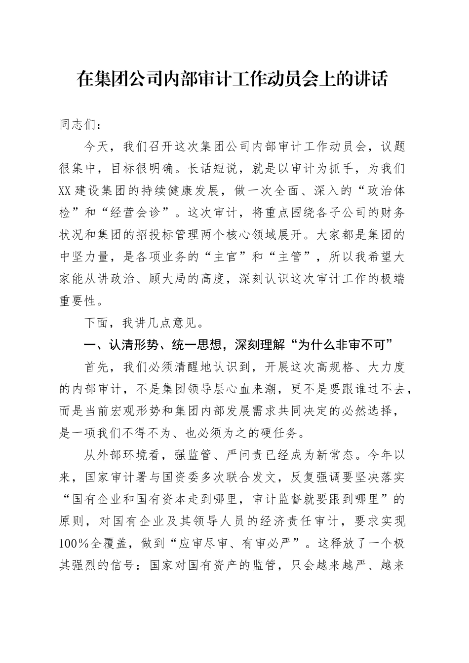 在集团公司内部审计工作动员会上的讲话_第1页