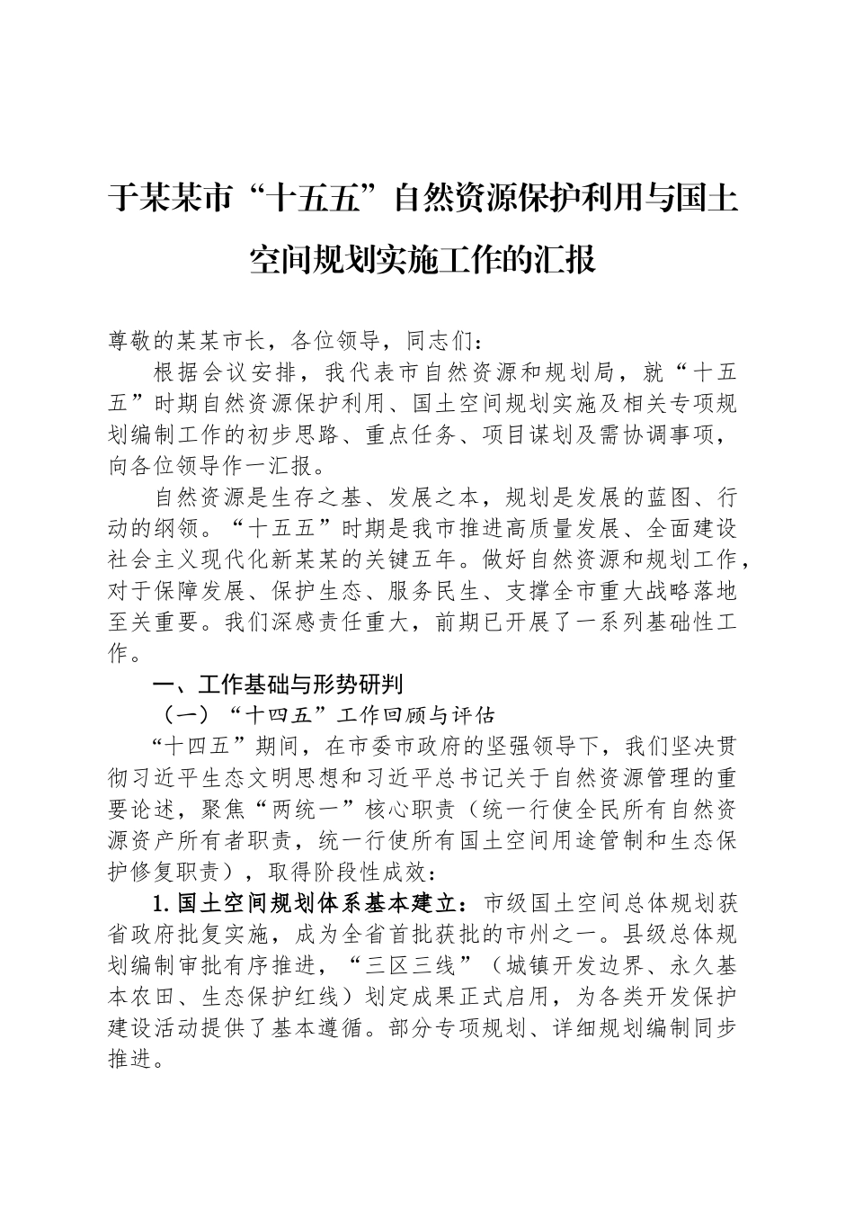 于某某市“十五五”自然资源保护利用与国土空间规划实施工作的汇报_第1页