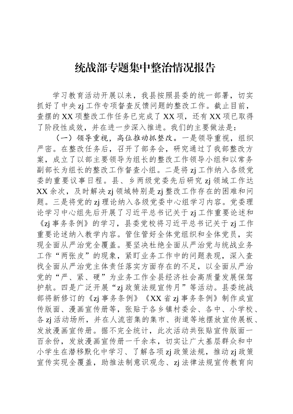 统战部专题集中整治情况报告_第1页