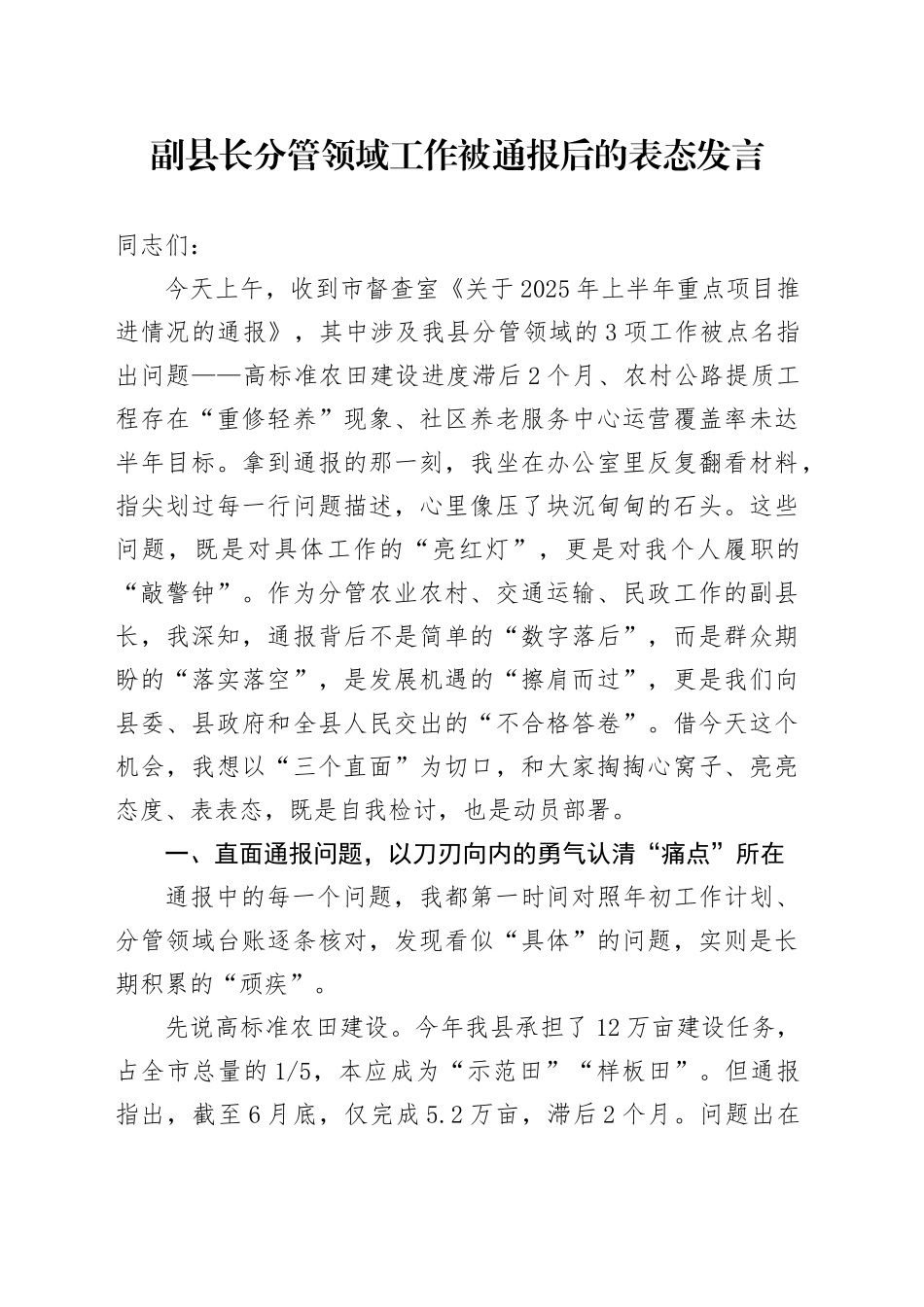 副县长分管领域工作被通报后的表态发言_第1页