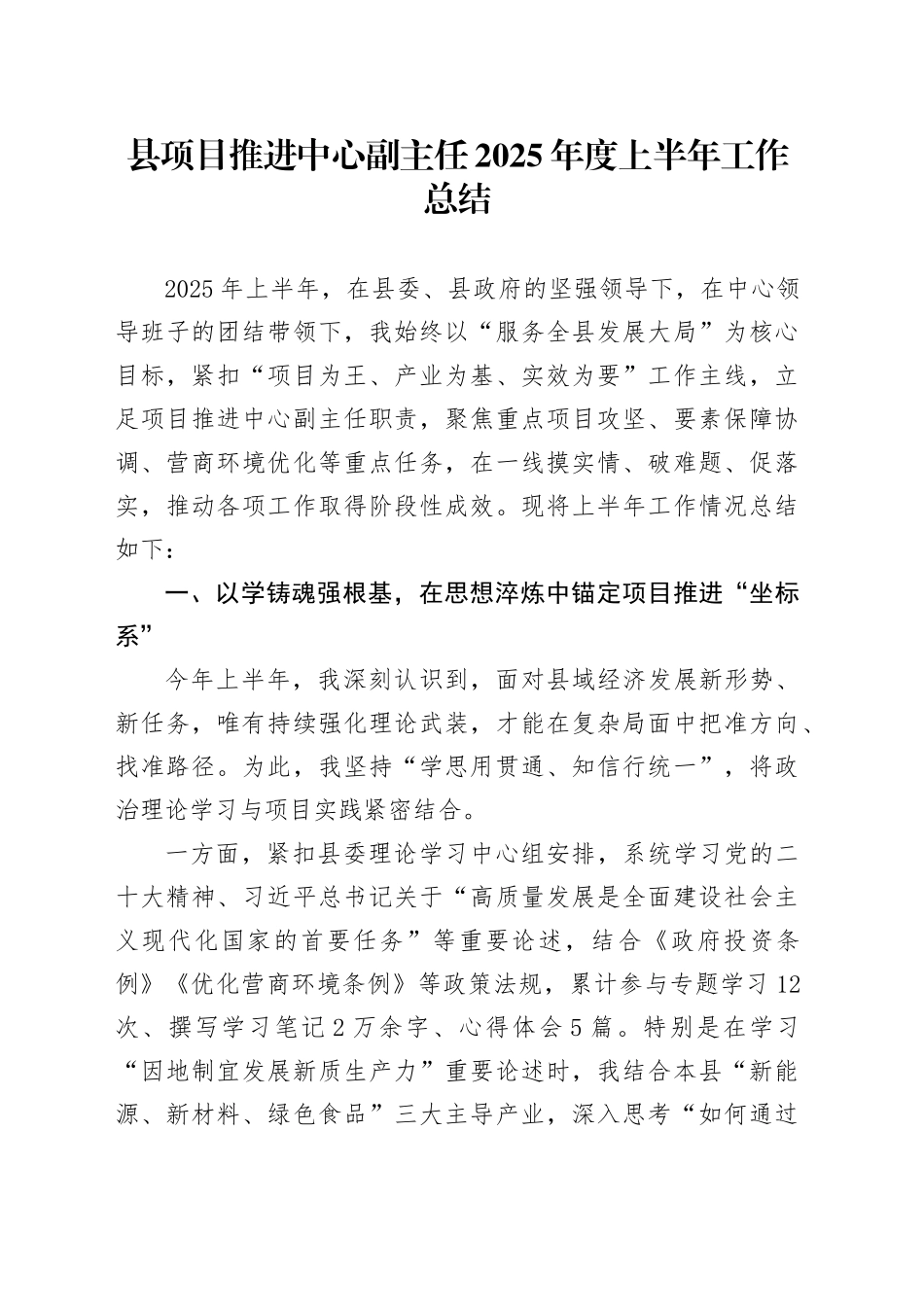 县项目推进中心副主任2025年度上半年工作总结_第1页