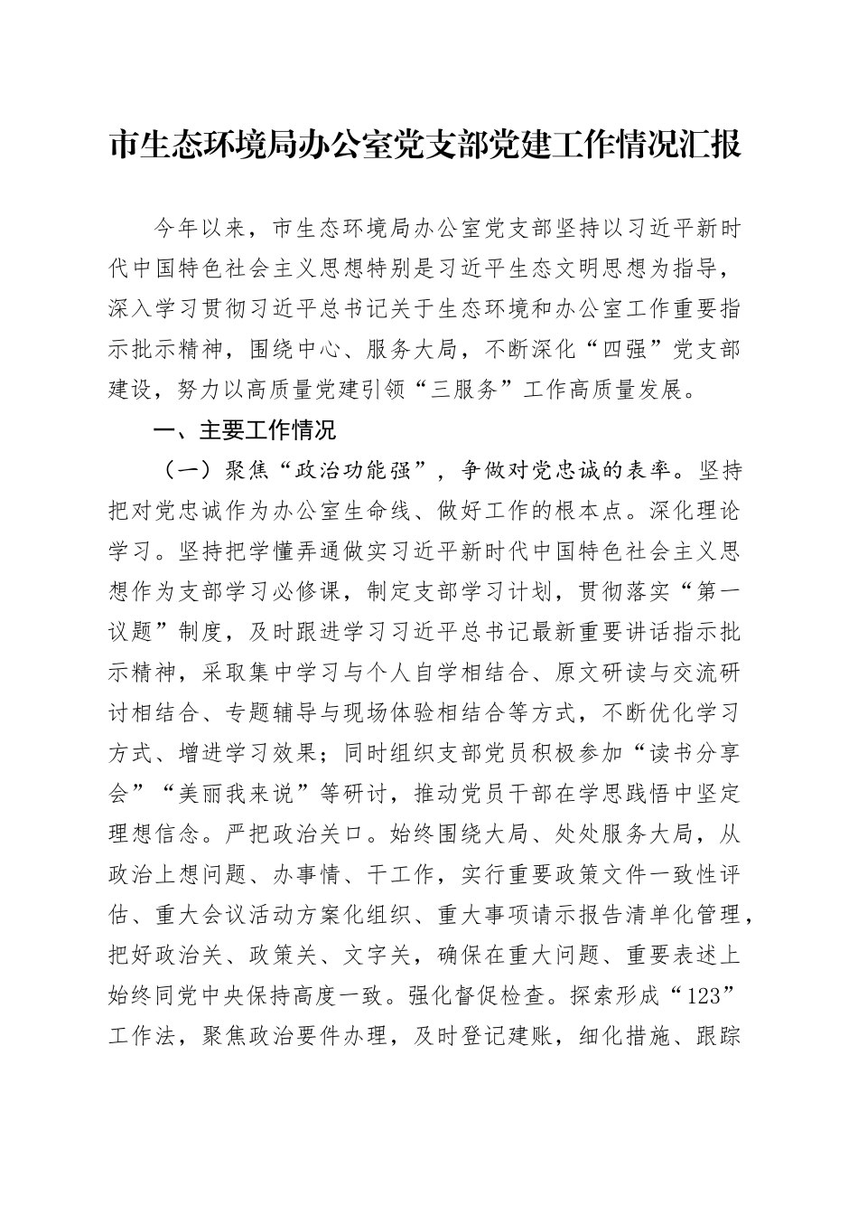 市生态环境局办公室党支部党建工作情况汇报_第1页