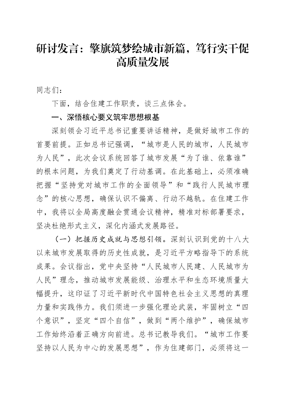 研讨发言：擎旗筑梦绘城市新篇，笃行实干促高质量发展_第1页
