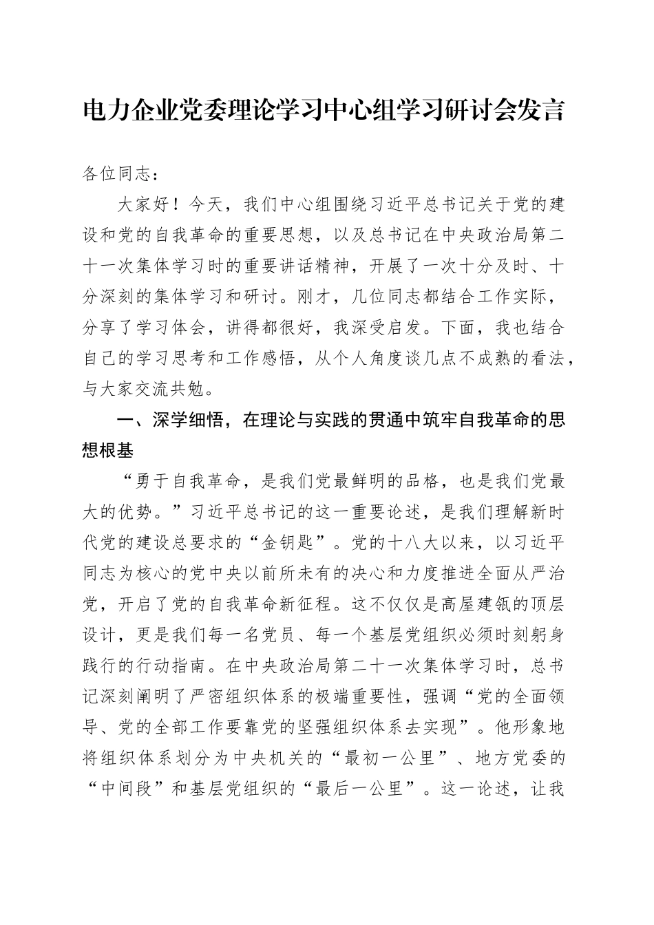 电力企业党委理论学习中心组学习研讨会发言_第1页