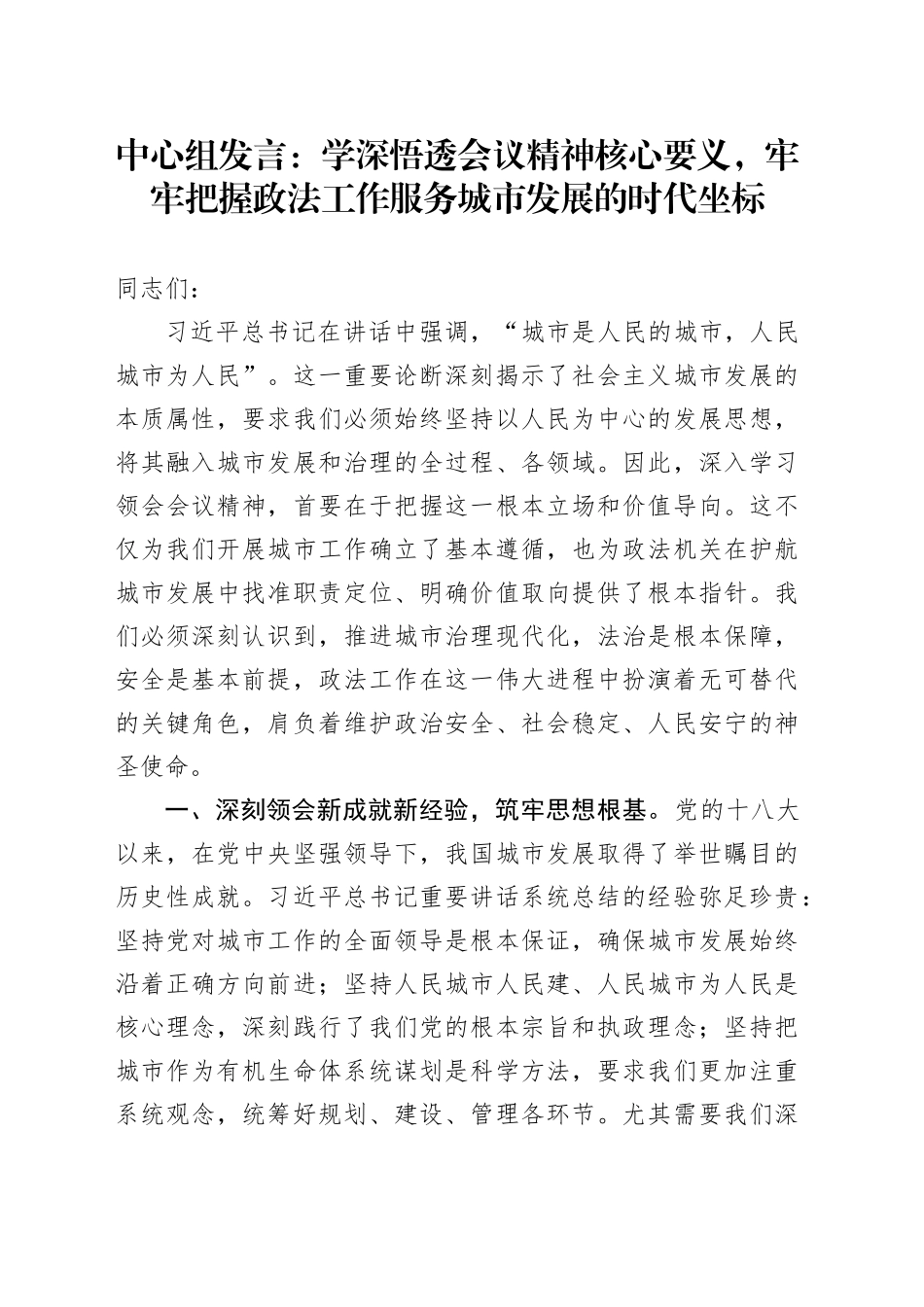 中心组发言：学深悟透会议精神核心要义，牢牢把握政法工作服务城市发展的时代坐标_第1页