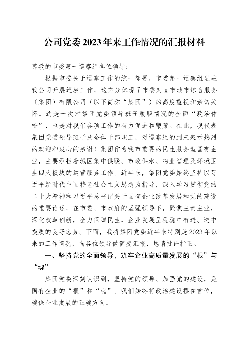 公司党委2023年来工作情况的汇报材料_第1页