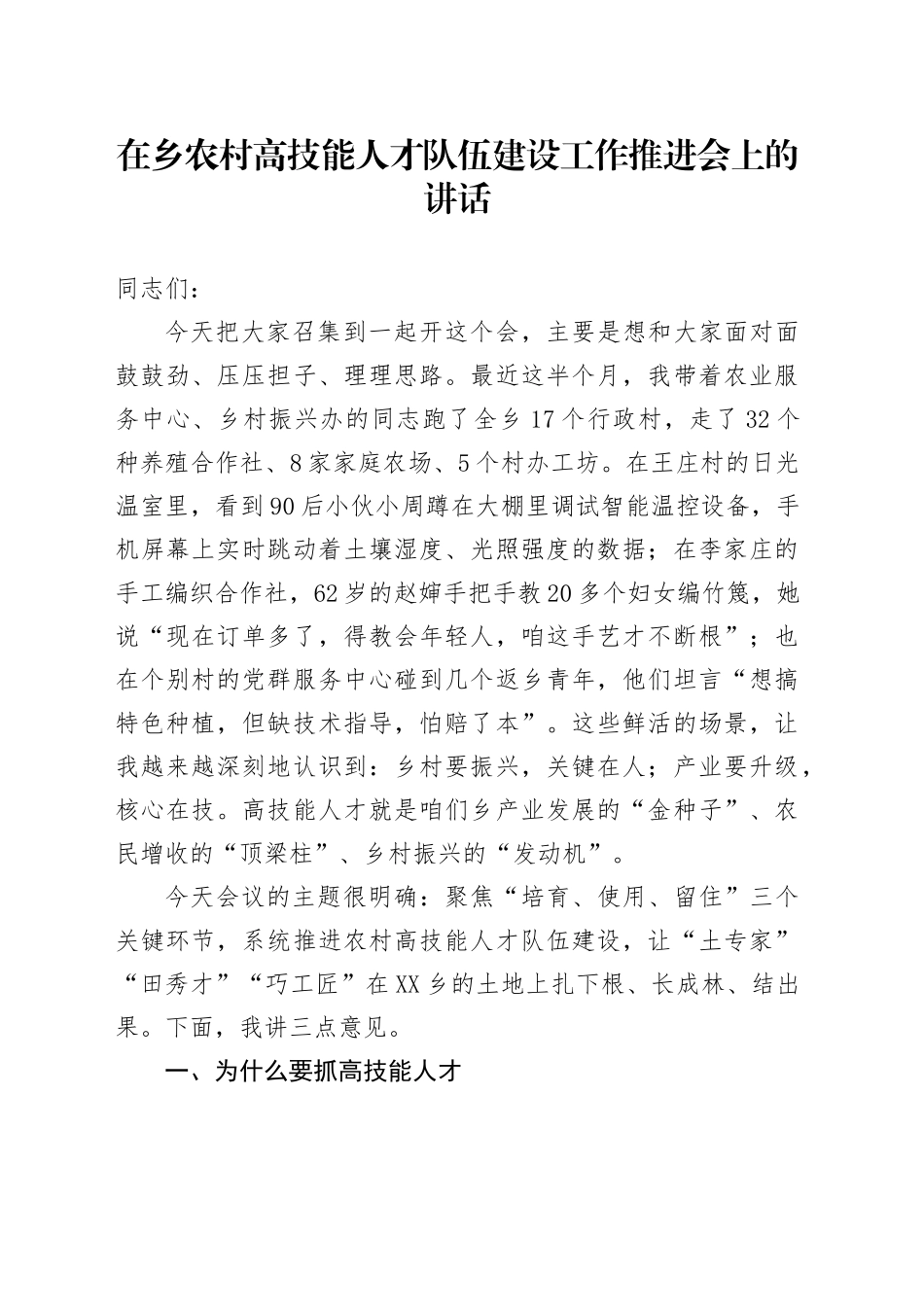 在乡农村高技能人才队伍建设工作推进会上的讲话_第1页
