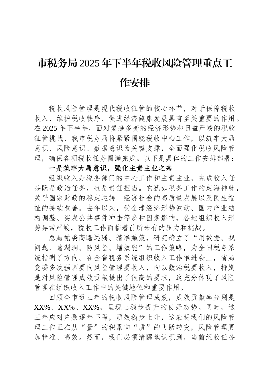 市税务局2025年下半年税收风险管理重点工作安排_第1页