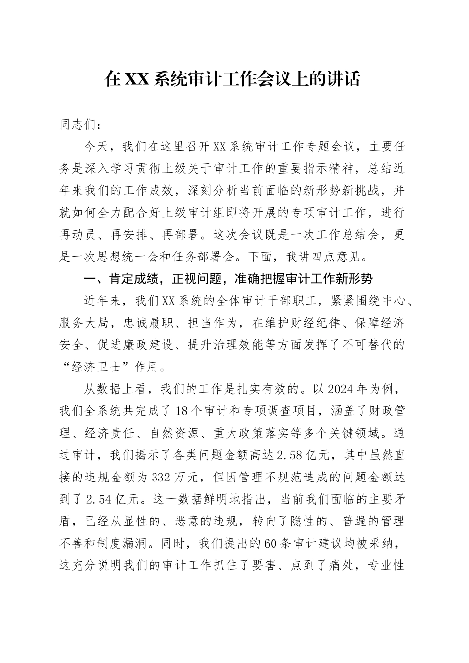 在XX系统审计工作会议上的讲话_第1页