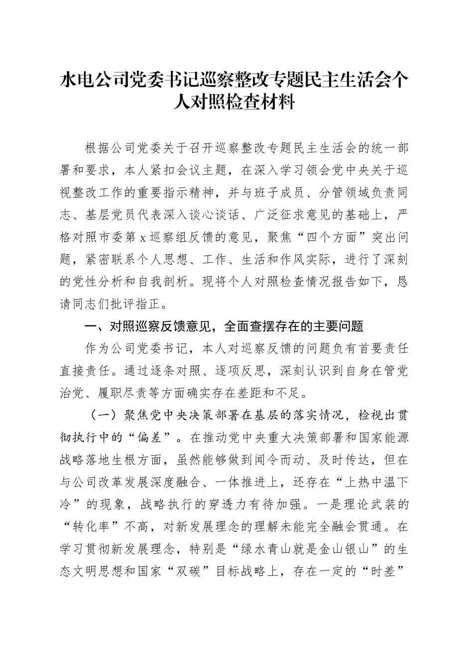 水电公司党委书记巡察整改专题民主生活会个人对照检查材料_第1页