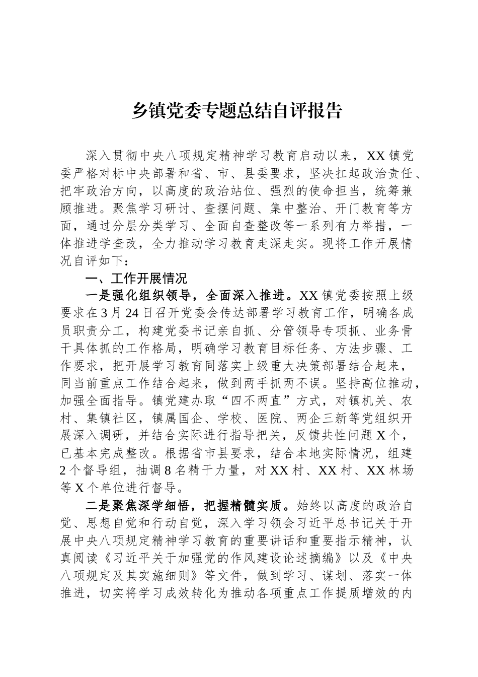 乡镇街道党委专题总结自评报告_第1页